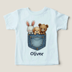 Camiseta Animais Bebês Adoráveis no Bolso de Denim