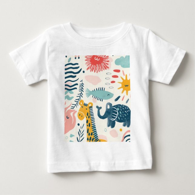 Camiseta Animais brancos coloridos com rabiscos, padrões (Frente)