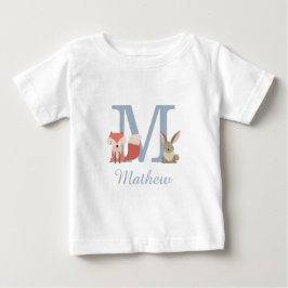 Camiseta Animais da Floresta Azul Bebê Menino Monograma Ini