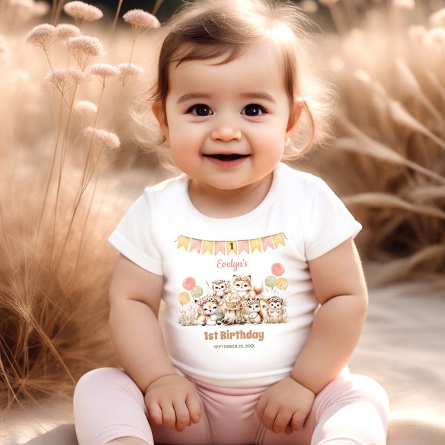 Camiseta Animais da Floresta Boho Name primeiro aniversario (Woodland Animals Boho Name Girl 1st Birthday Baby T-Shirt)
