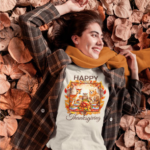 Camiseta Animais da Floresta de Ação de Graças Folhas de Ou
