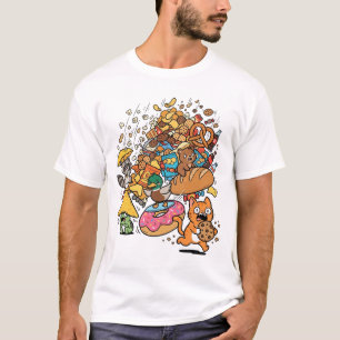 Camiseta Animais de desenho animado com lanches caindo isol