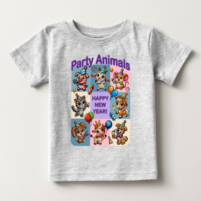 Camiseta Animais de Festa "Feliz Ano Novo" (Frente)