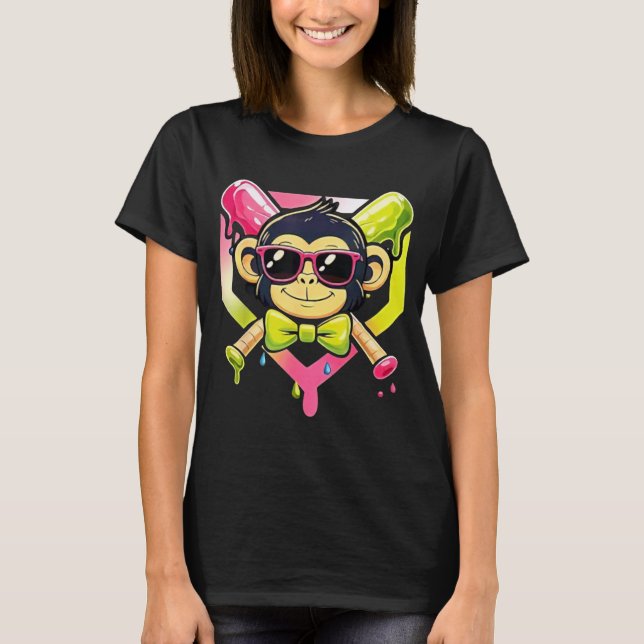 Camiseta Animais de Festa Fofo de Óculos de Sol de Macaco E (Frente)