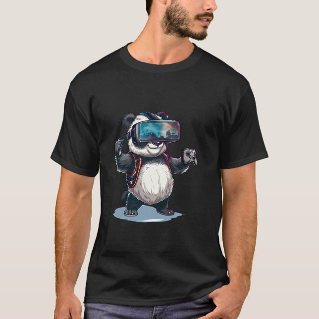 Camiseta Animais de jogos - Urso de panda tocando Console V (Frente)