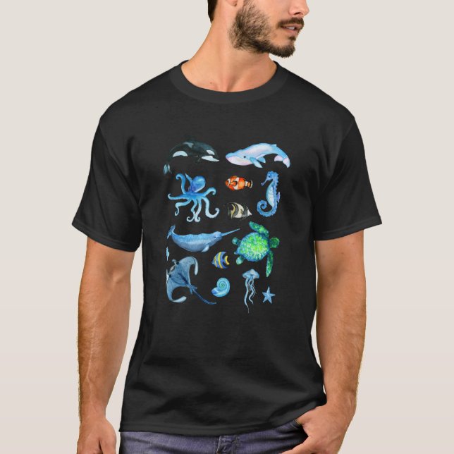 Camiseta Animais do Mar de Cores Aquáticas Crianças Oceanas (Frente)