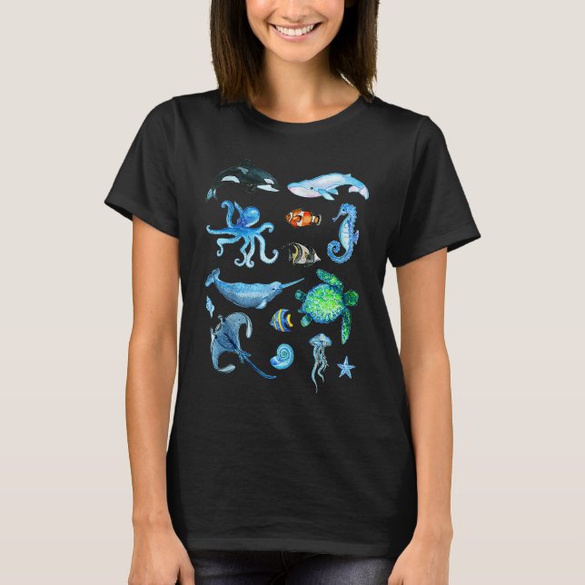 Camiseta Animais do Mar de Cores Aquáticas Crianças Oceanas (Frente)