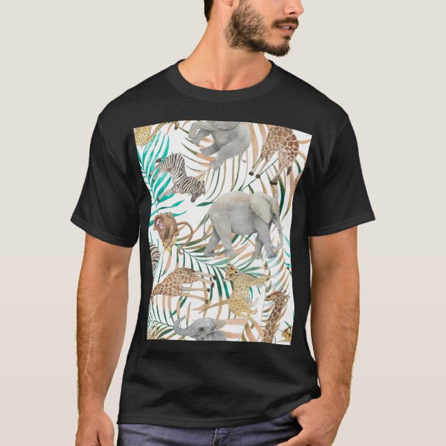 Camiseta Animais Exóticos: Padrão de Verão de Aquarela. (Frente)