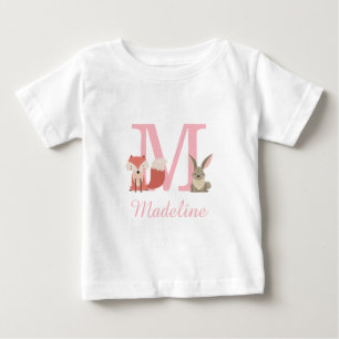 Camiseta Animais Florestais Fofos Monograma Rosa