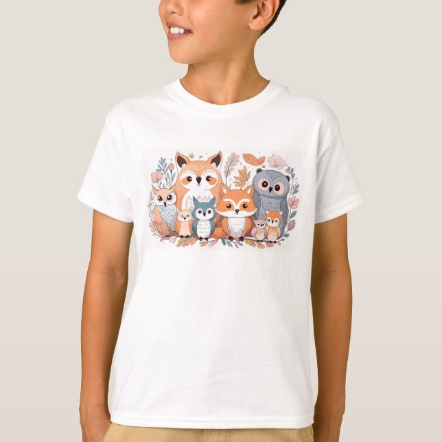 Camiseta Animais florestais - Raposa e Coruja (Frente)