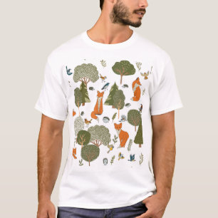 Camiseta Animais florestais: raposas, padrões de aves
