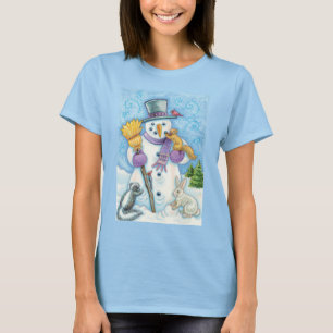Camiseta Animais Fofos Construindo um Boneco de Neve para o