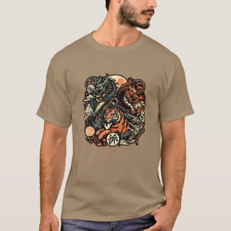Camiseta Animais japoneses dragões e tigres amigos