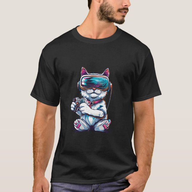 Camiseta Animais Jogadores- Gato Jogando Video Games de Con (Frente)