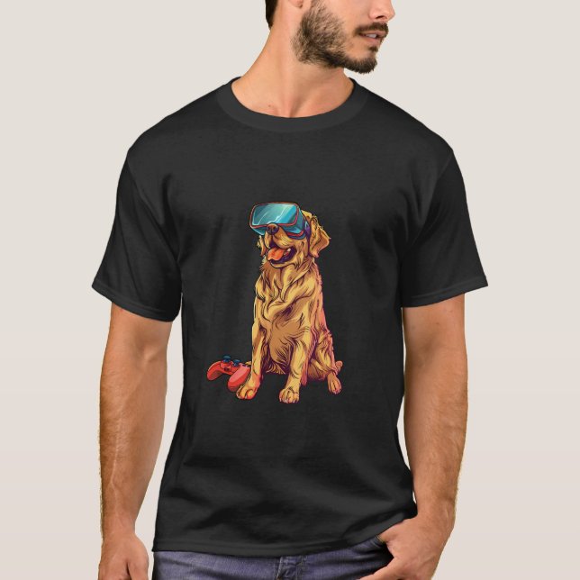 Camiseta Animais Jogando- Golden Retriever Jogando Console  (Frente)