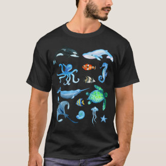 Camiseta Animais Marinhos Aquarela Vida Selvagem Oceano Mar