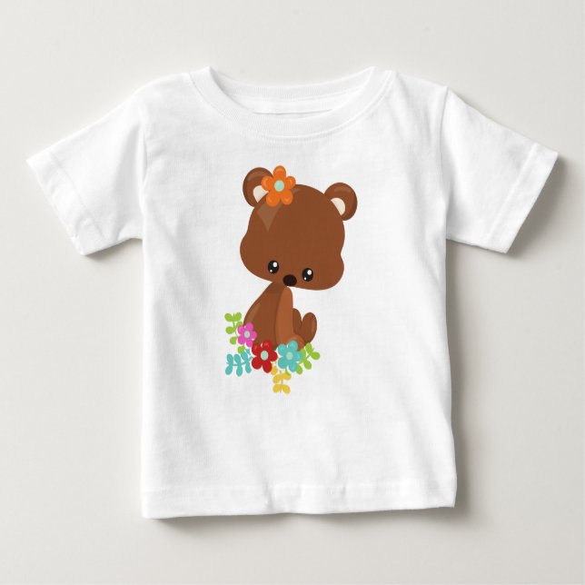 Camiseta Animais primavera, Urso-Cinto, Urso-Pequeno, Flore (Frente)
