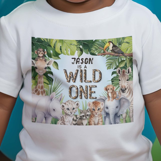 Camiseta Animais Safari, Selvagem Azul, primeiro aniversari (Wild one, blue Safari themed boy 1st birthday t-shirt.)