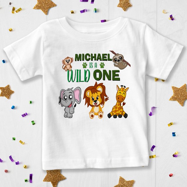 Camiseta Animais Selvagens Selvagens Selvagens Safari Prime (Cute Wild One Jungle Safari Animals First Birthday Baby T-Shirt)