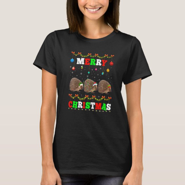 Camiseta Animals Lights Merry Christmas Santa Hedgehog (Frente)