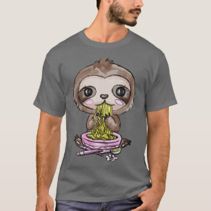 Camiseta Anime Adorável Kawaii Sloth Tee Eating Ramen Noodl