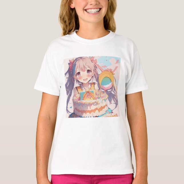 Camiseta Anime Aniversário Rapariga Pastel Cores (Frente)