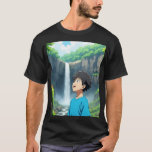 Camiseta Anime Boy Admiring Waterfall in a Beautiful Nature<br><div class="desc">A stunning anime illustration of a young boy looking up in wonder while standing in front of a majestic waterfall surrounded by lush green cliffs and bright blue sky. The scene captures the peaceful beauty of nature with vibrant colors, flowing water, and a calm atmosphere, perfect for anime and nature...</div>