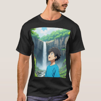 Camiseta Anime Boy Admiring Waterfall in a Beautiful Nature