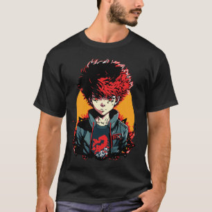 Camiseta Anime Boy: Ilustração de Cabelo Vermelho e Negro