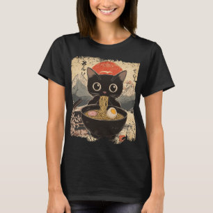 Camiseta Anime Cat Comendo Ramen Estilo Japonês Amantes de