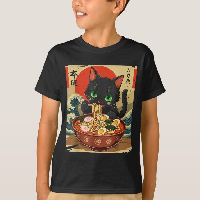 Camiseta Anime Cat Eating Ramen Japanese Art Graphic Cat Cu (Frente)