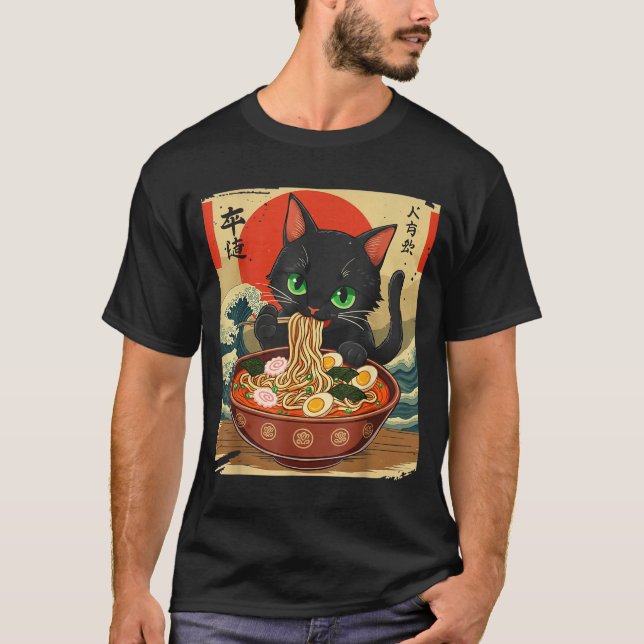 Camiseta Anime Cat Eating Ramen Japanese Art Graphic Cat Cu (Frente)