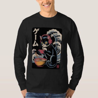 Camiseta Anime Cat Eating Ramen Japanese Wave Kawaii Neko K