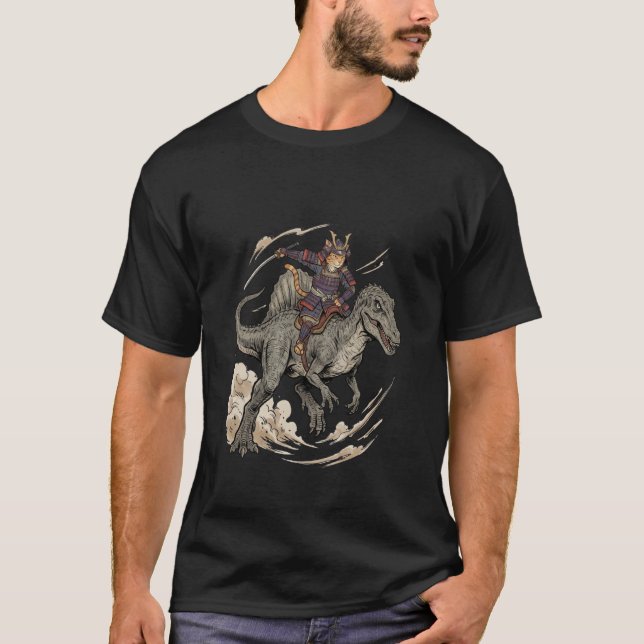 Camiseta Anime Cat Funny Samurai Cat Riding Dinosaur Spinos (Frente)