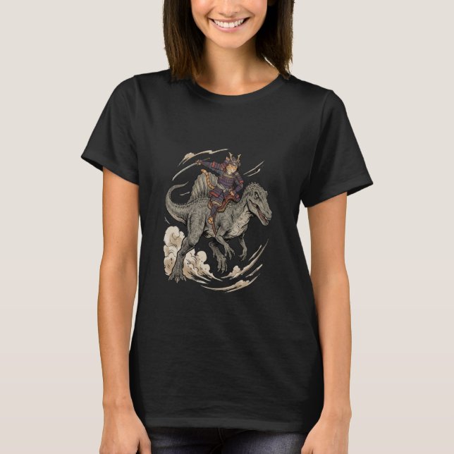 Camiseta Anime Cat Funny Samurai Cat Riding Dinosaur Spinos (Frente)