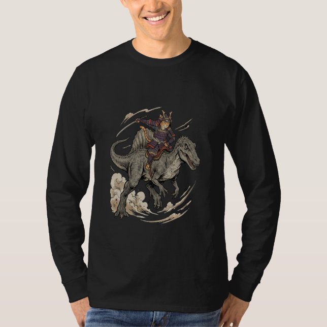 Camiseta Anime Cat Funny Samurai Cat Riding Dinosaur Spinos (Frente)