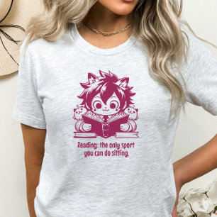 Camiseta Anime Catboy lendo um livro e uma citação engraçad