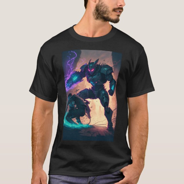 Camiseta Anime Cyberpunk Super Hero Fighting Giant Robot (Frente)