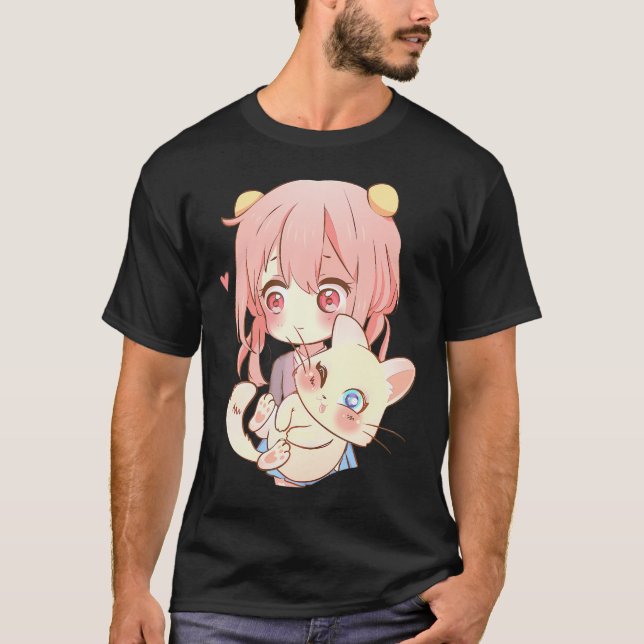 Camiseta Anime E Gatos Lover Para Manga Kawaii Otaku (Frente)