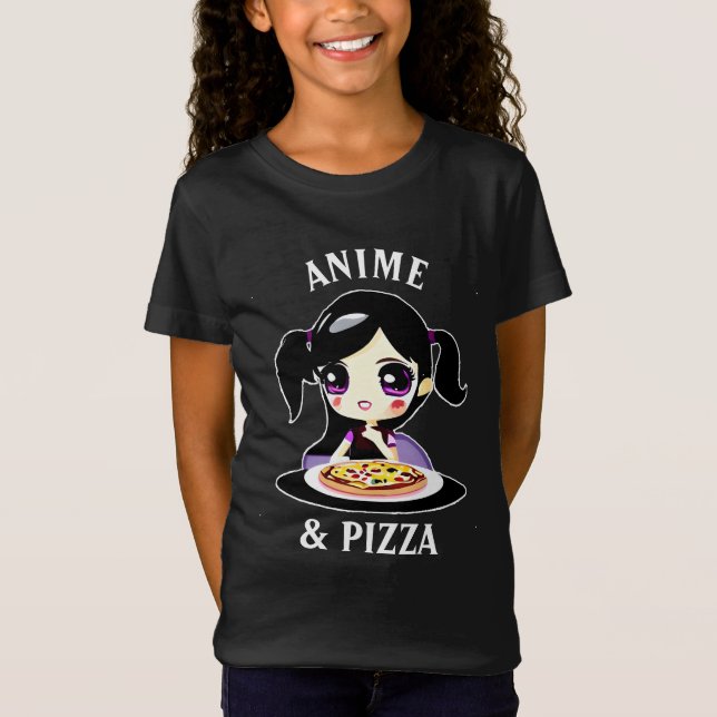 Camiseta Anime e Pizza - Cartoon Preto e Púrpura (Frente)