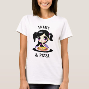 Camiseta Anime e Pizza - Cartoon Preto e Púrpura