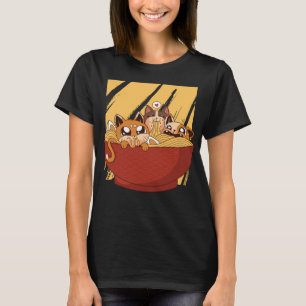 Camiseta Anime Engraçado Gatos De Manga Comendo Ramen Japon