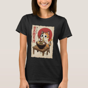 Camiseta Anime Gato Calico Comendo Macarrão Divertido Kawai