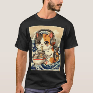 Camiseta Anime Gato Ramen Gamer Arte Japonês Retro Vintage