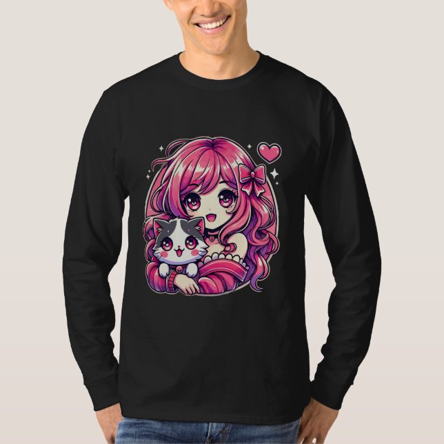 Camiseta Anime Girl and Cat Kawaii Manga Girl (Frente)
