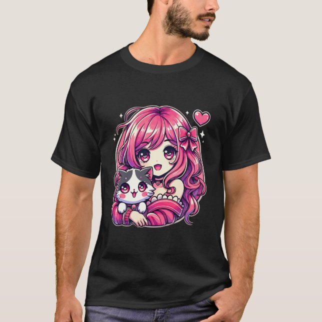 Camiseta Anime Girl and Cat Kawaii Manga Girl (Frente)
