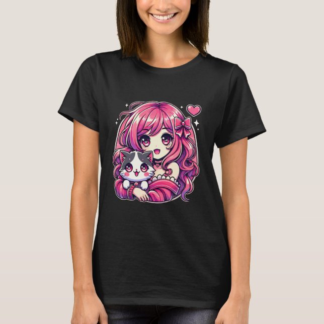 Camiseta Anime Girl and Cat Kawaii Manga Girl (Frente)