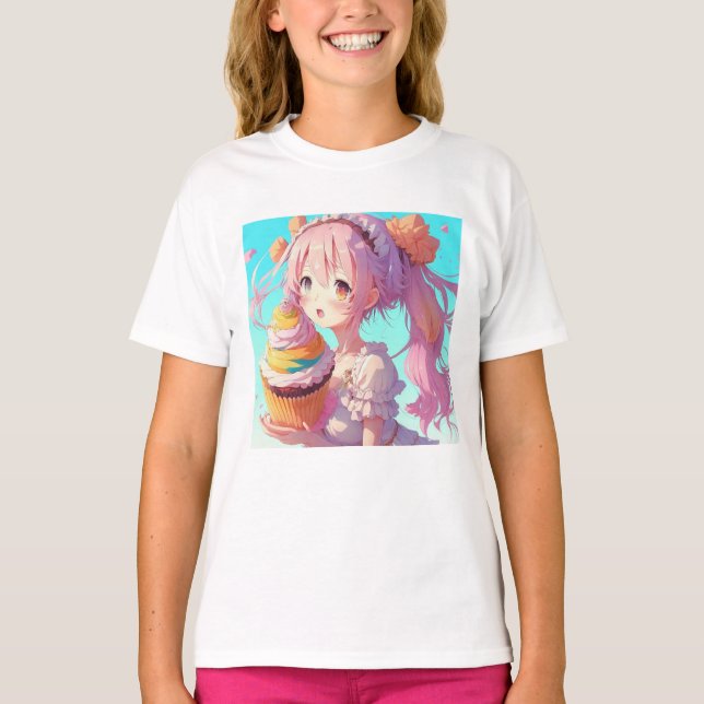Camiseta Anime Girl com Cupcake Whimsical (Frente)