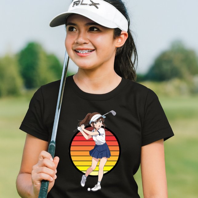Camiseta Anime Golfer Girl On Retro Sunset Template (Criador carregado)