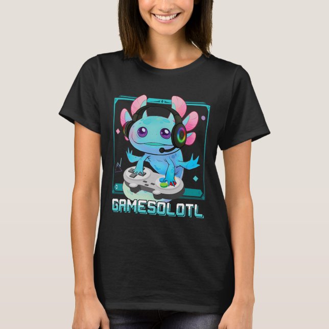 Camiseta Anime-Gótico do Jogador de Vídeo Axolotl Kawaii Pa (Frente)